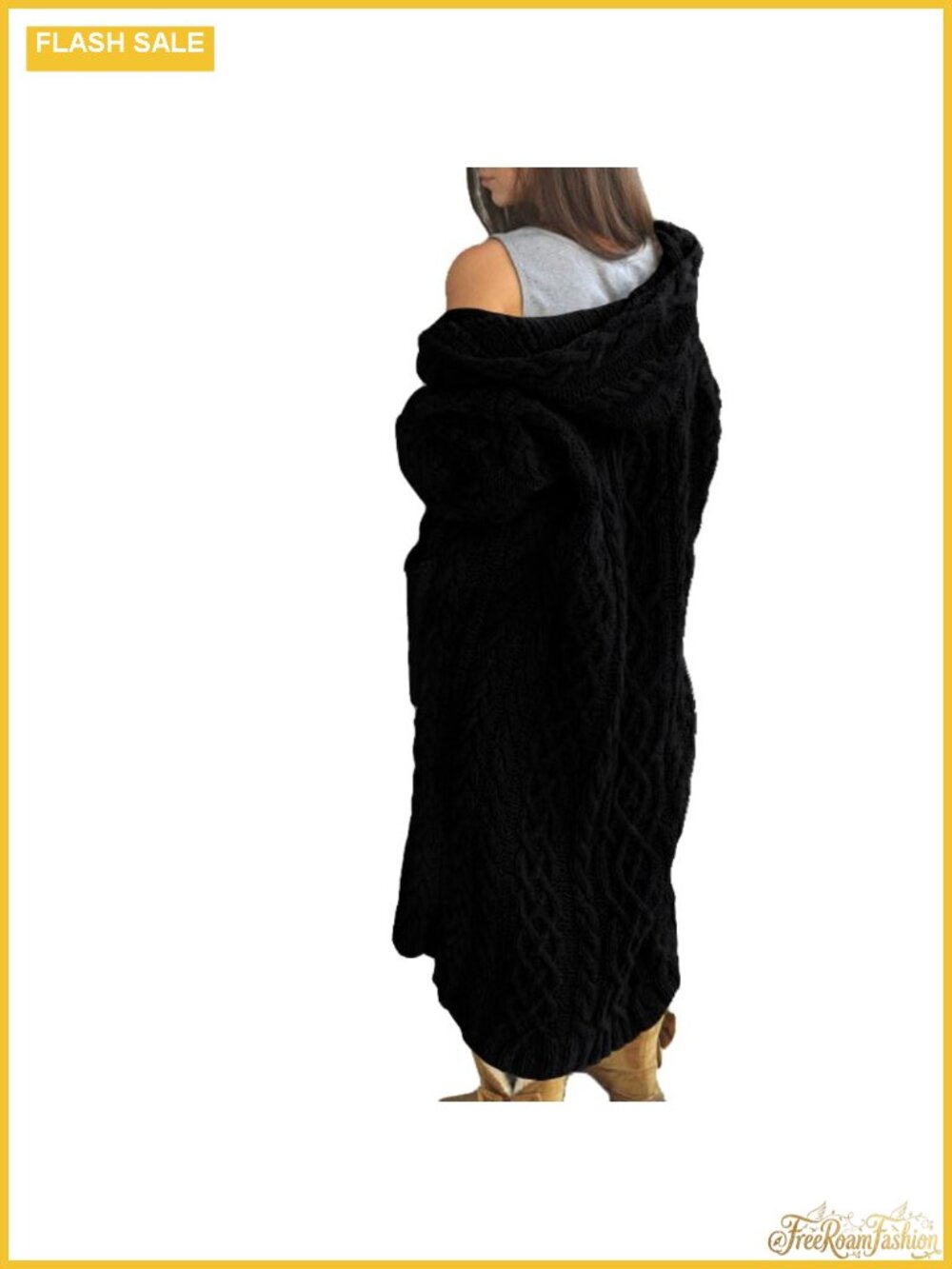 Womens Cable Knit Long Hooded Open Cardigan Sweater with Pockets